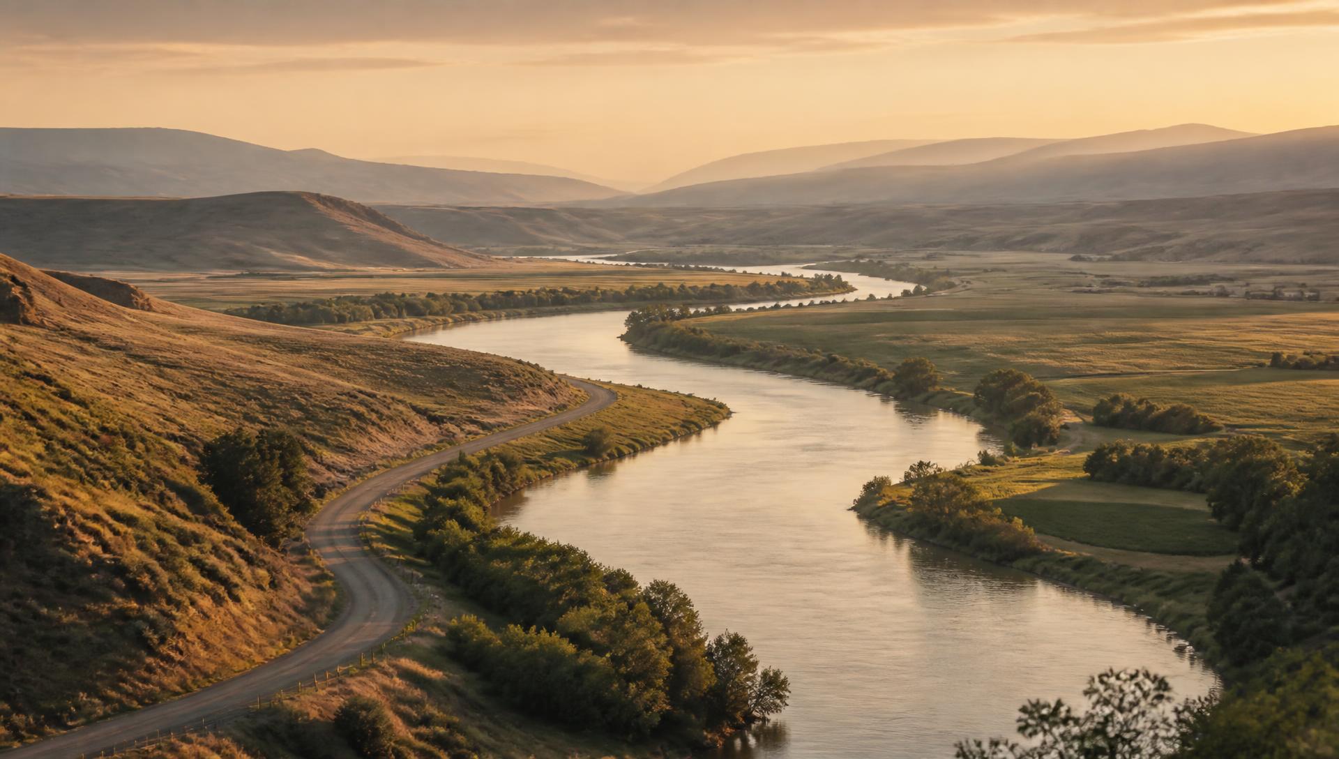 A river winding through farmland at golden hour